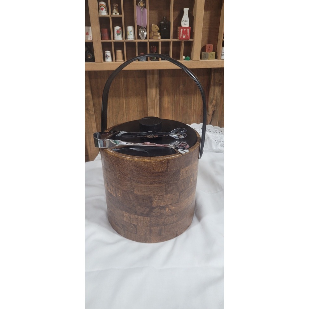 Irvinware Ice Bucket Brown Square Embossed Room Service Baroque Barware MCM